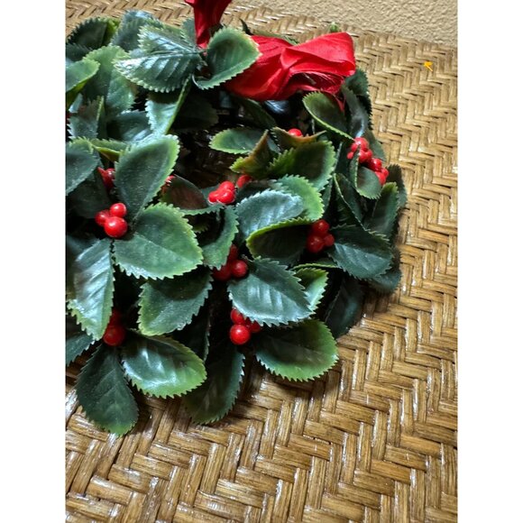 Vintage 70's Artificial Holly Candle Ring / Small Wreath With Red Berries - Picture 4 of 5